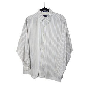 Chap Men’s Size 16-16.5 32-33 Button-Down Shirt Tan and Blue Striped Classic Fit